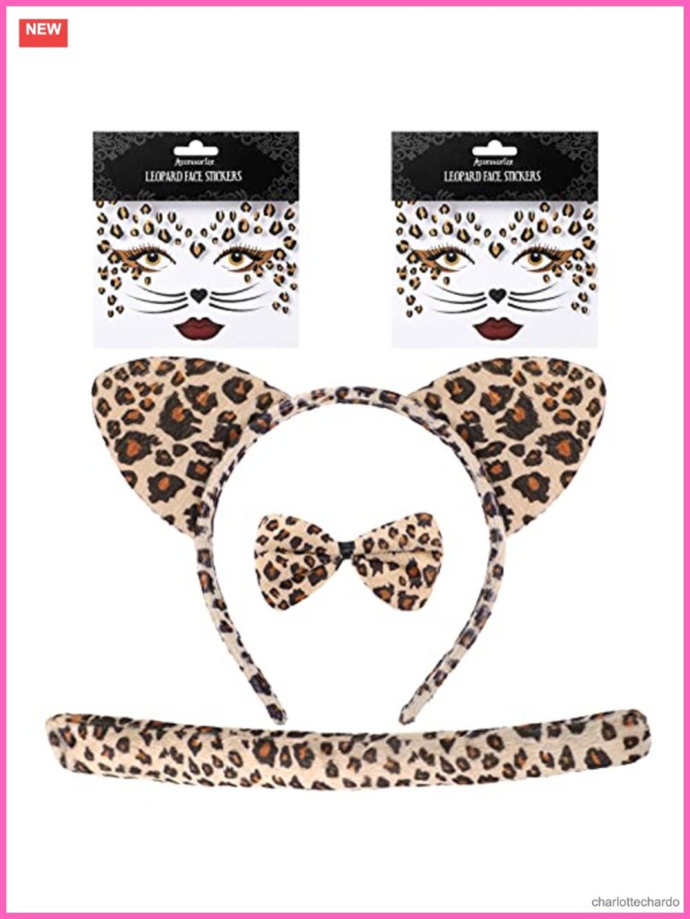 5pc Cheetah Costume Accessory Set Fleece Headband Bowtie Tail Tattoos Halloween